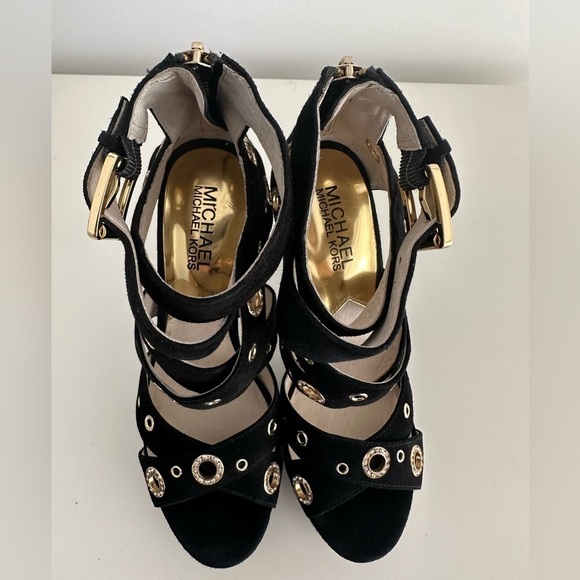 Michael Kors Delilah Grommet Platform suede ankle strap heels size 5 1/2 black - Picture 5 of 15